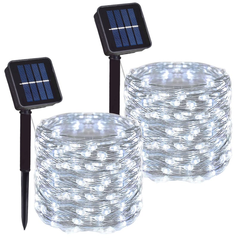 DAYLIGHTIR 2 Pack Total 200 LED 66FT Solar Powered Copper Wire String Lights Outdoor, Waterproof, 8 Modes Fairy Lights for Garden, Patio, Party, Yard, Christmas (White) - Image 1